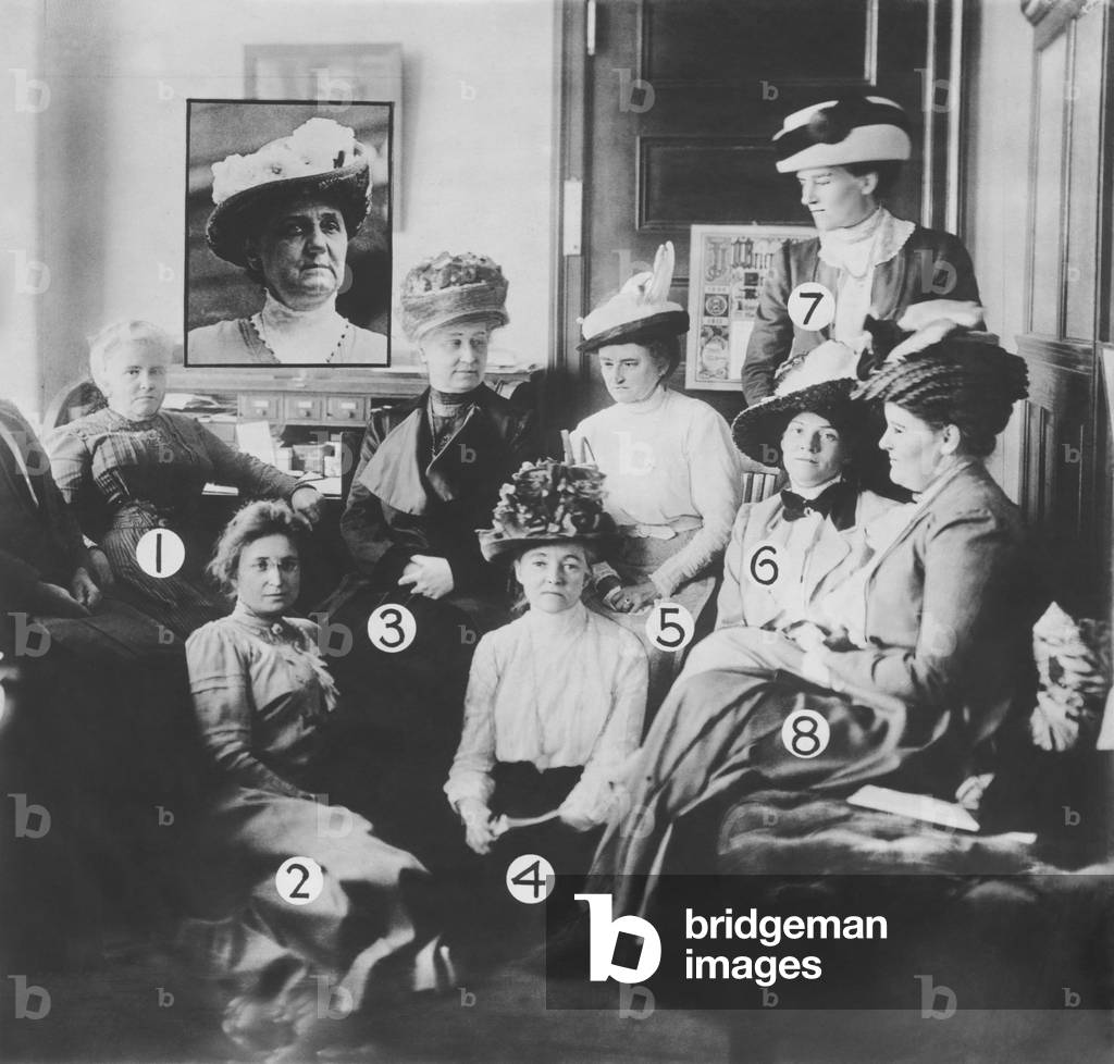 Women attending the National Convention of the Woman Suffrage Association. Philadelphia, Nov. 21 -26, 1912. 1_Dr. Anna Howard Shaw, President. 2_Mrs. William M. Ivins. 3_ Miss Lucy Anthony. 4_Donald Booker, Baltimore. 5_Katharine Hepburn, Hartford, Connecticut. 6_ Mary Ware Dennett, Treasurer. 7_Susan Fitzgerald, Boston. 8_Jesse Ashley, Secretary. Inset square_Jane Addams