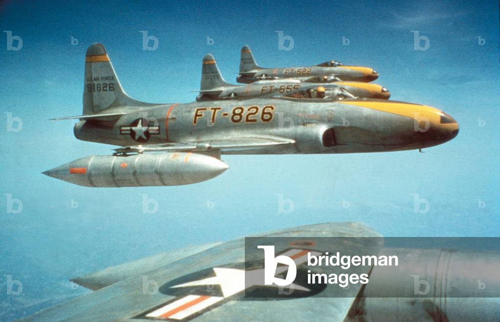 F-80C jet fighters fly in formation, c. 1950 (photo)