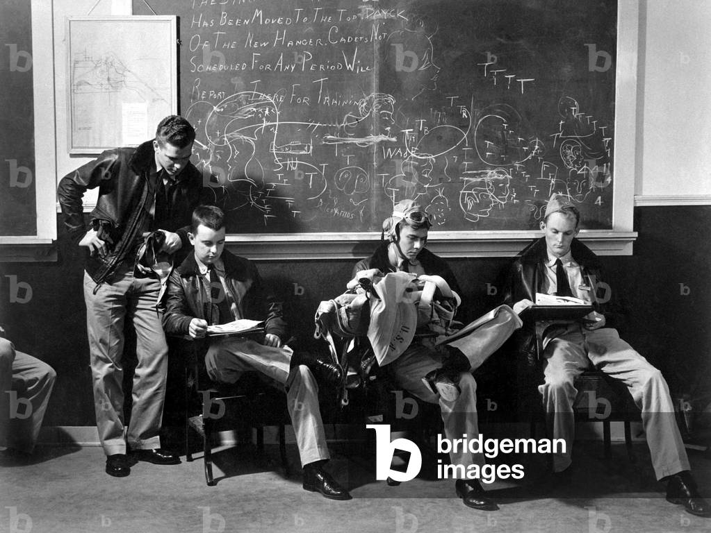 Aviation cadets the ready room at Kingsville Field, Corpus Christi, Texas. World War 2, Nov. 1942
