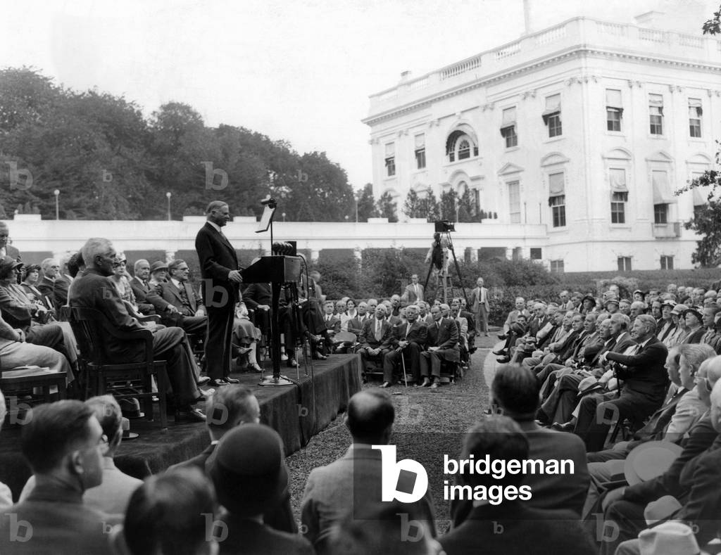 President Hoover speaks at the White House conference for assistance to the unemployed, Sept, 15, 1932