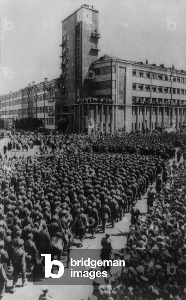 World War 2 German prisoners paraded through Moscow in 1944. Near the People's Commissariat of Communications, Soviet workers watch and jeer German generals and soldiers taken prisoners on the Byelorussian front in 1944