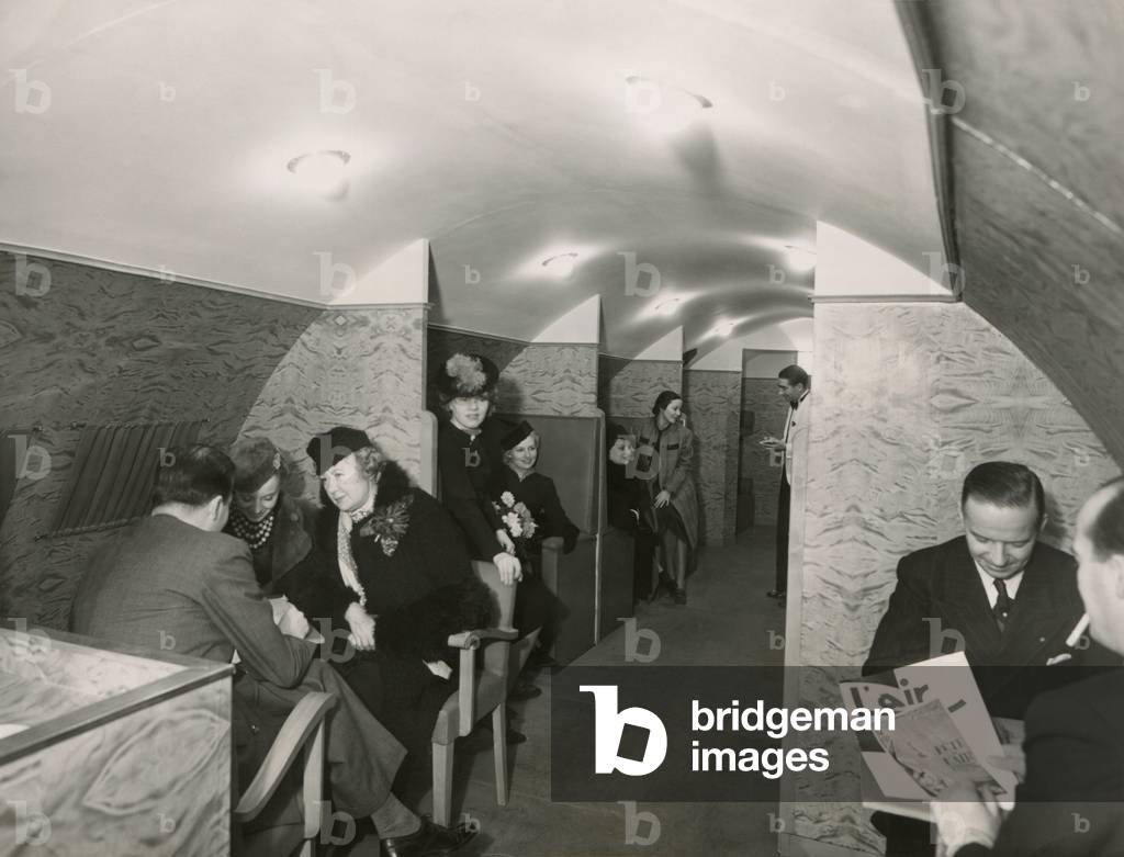 In the passengers cabin of the transatlantic seaplane, the 'Rochambeau', Dec. 1938. The 68 ton plane, flew from France to NYC in 20 hours