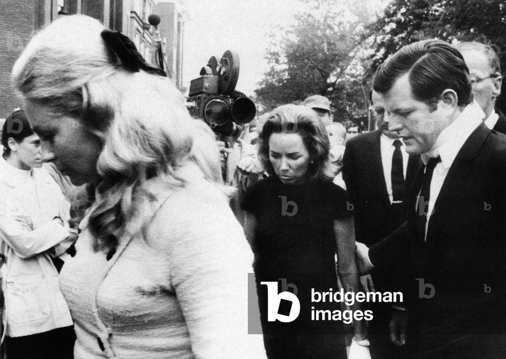 From left, Joan Kennedy, Ethel Kennedy, Edward Kennedy, at funeral of Mary Jo Kopechne, St. Vincent's Church, Plymouth, PA, July 22, 1969,