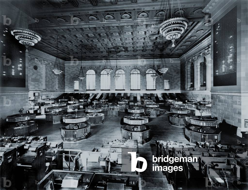 Trading floor of the former New York Curb Exchange, renamed the American Stock Exchange, at 86 Trinity Place in NYC Financial District. 1931
