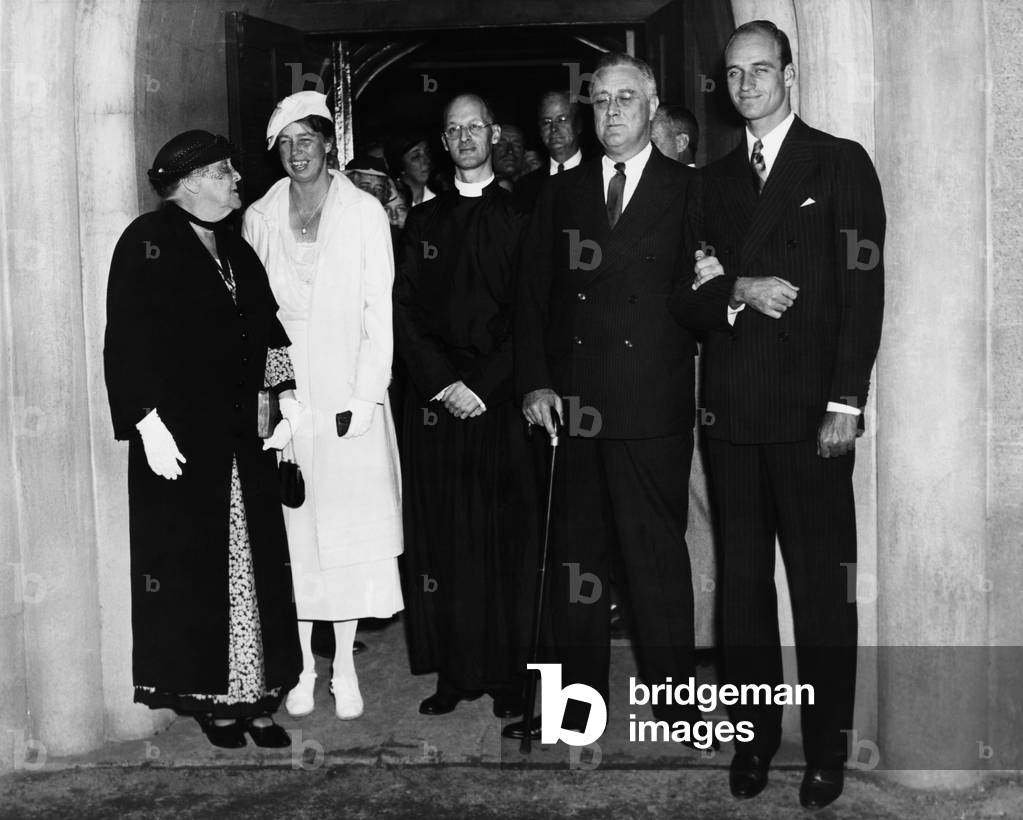 FDR Presidency. Far left: Sara Roosevelt. Second from left: First Lady Eleanor Roosevelt. Second from right: US President Franklin Delano Roosevelt. Far right: James Roosevelt, at St. James Episcopal Church, Hyde Park, NY, 1935