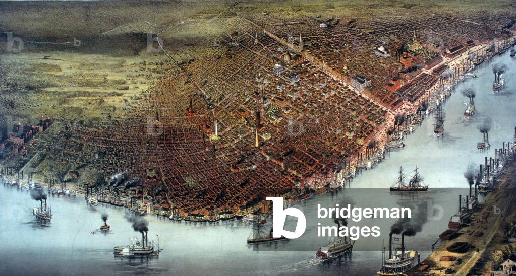 Birds' eye view of New-Orleans in 1880, with dense riverboat traffic on the Mississippi River