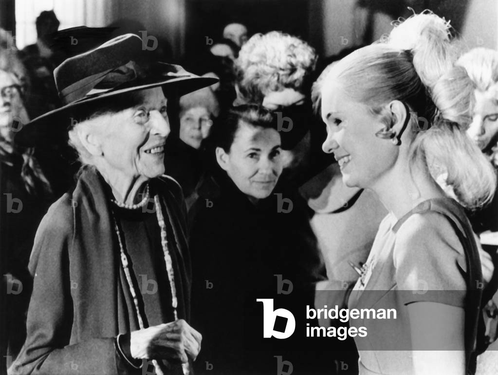 Alice Roosevelt Longworth with Tricia Nixon after her engagement to Edward Cox was announced. Tricia was planning a Rose Garden wedding for June 12, 1972. 86 year old Alice was married in White House in 1906, when her father Theodore Roosevelt was President