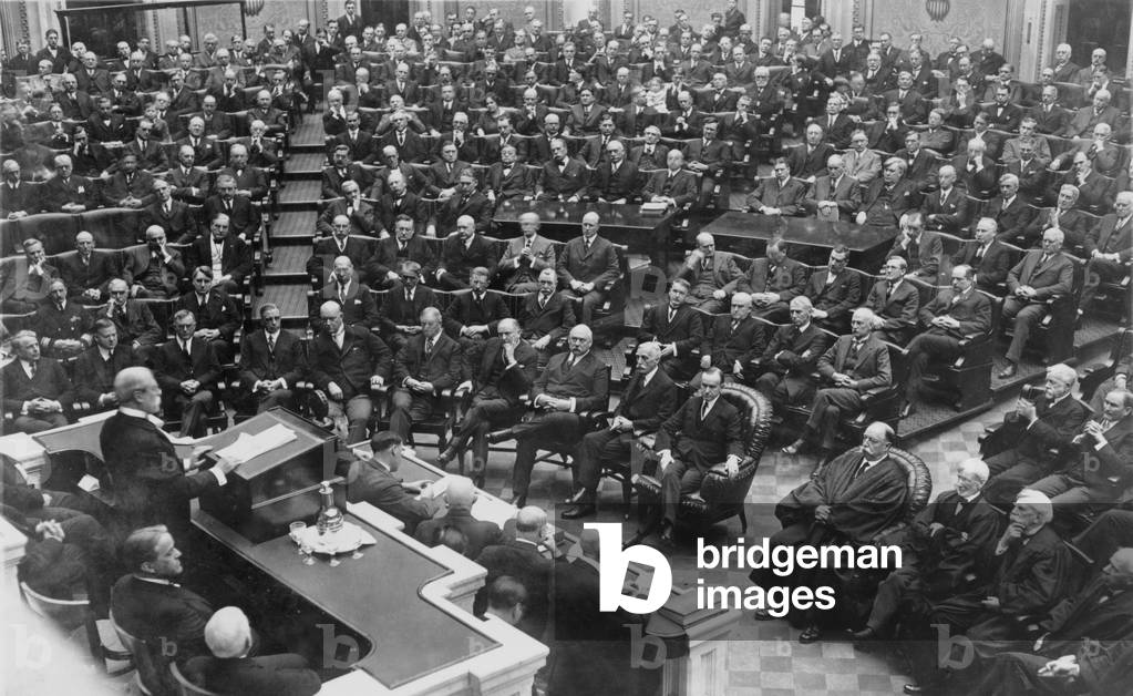 Warren G. Harding (1865-1923), memorial service in the House of Representatives, on February 27, 1924. President Coolidge, the Cabinet, Supreme Court, and Congress are seated in the front row