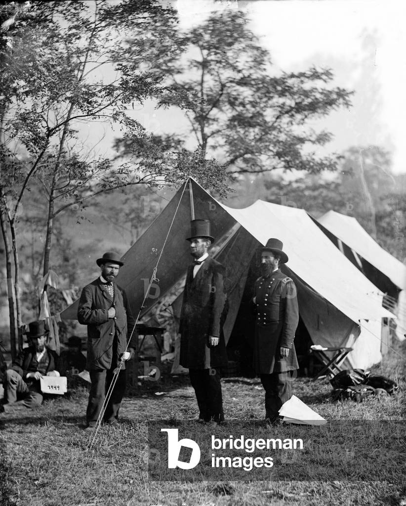 The Civil War, Antietam, Md. Allan Pinkerton, President Abraham Lincoln, Major General John A. McClernand, photograph from the main eastern theater of the Civil War, Battle of Antietam, September - October 1862, from glass negative, by Alexander Gardner, October 3, 1862
