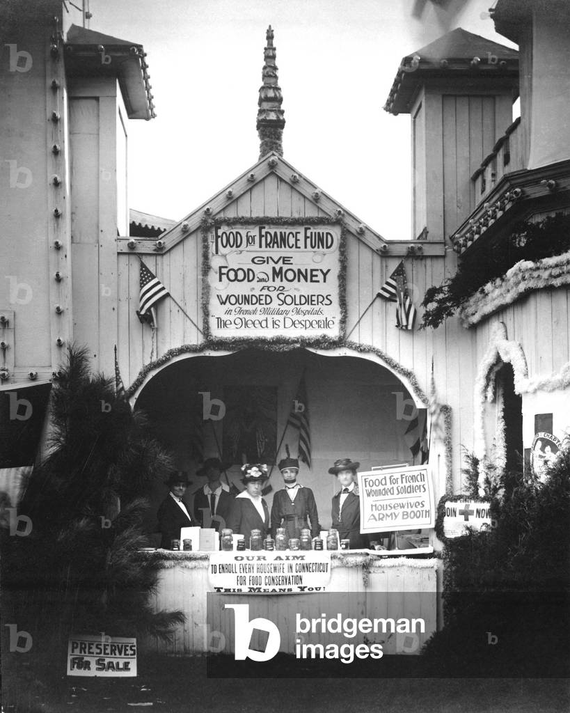 Housewives' Army, 'Food for France Fund' booth at Connecticut State Fair, Hartford, Connecticut. World War I. c. 1917