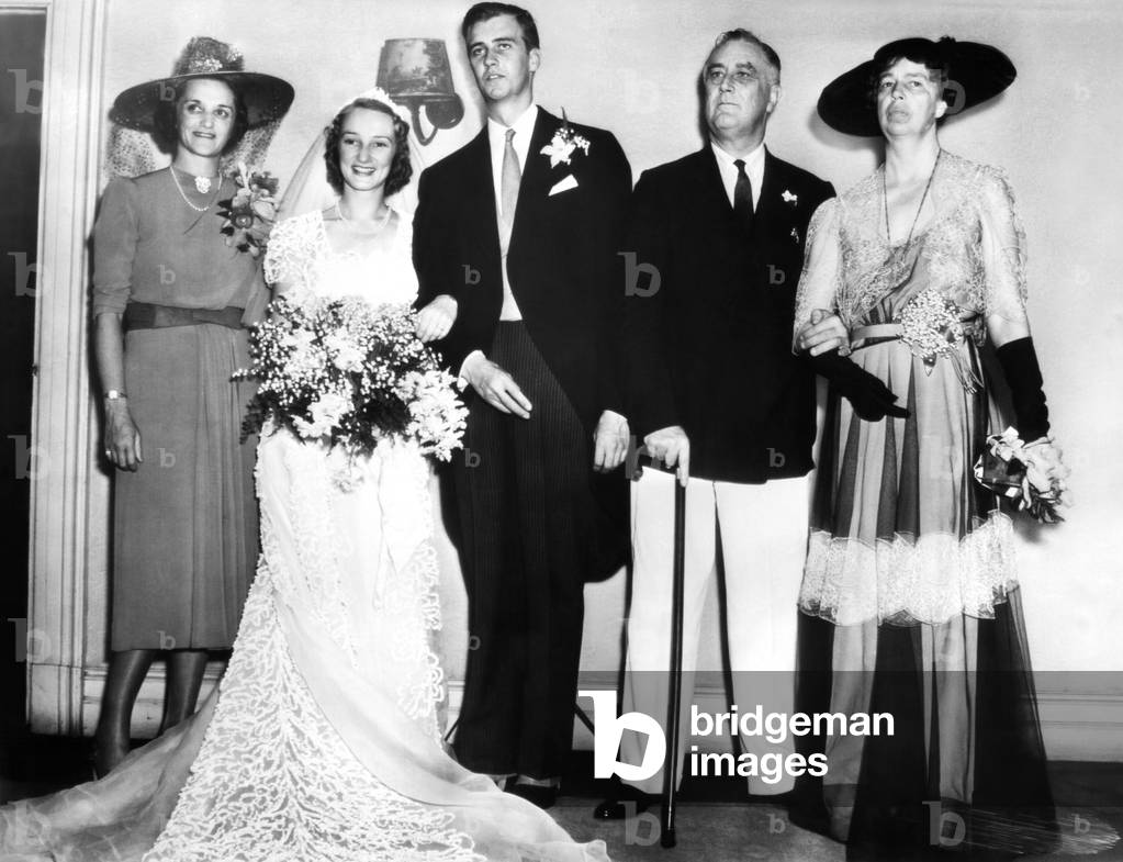 FDR Presidency. From left: Francis Clark, Anne Clark Roosevelt, John Roosevelt, US President Franklin Delano Roosevelt, First Lady Eleanor Roosevelt, at wedding reception, Nahant, Massachusetts, June, 1938