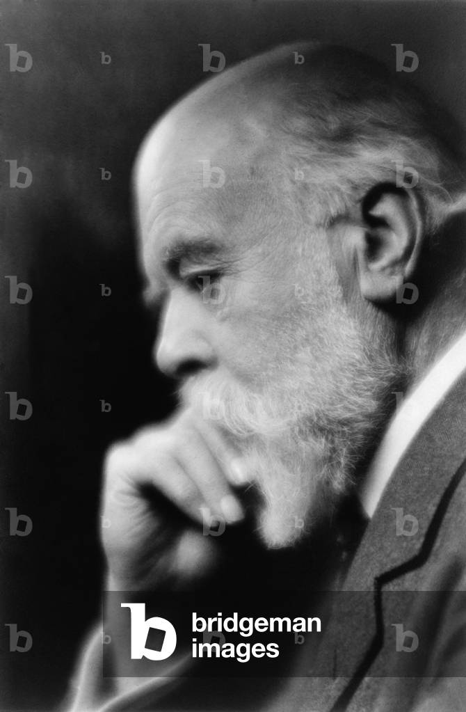 Sir Oliver Lodge (1851-1940), British physicist and writer, contributed to the development of the wireless telegraph. 1920