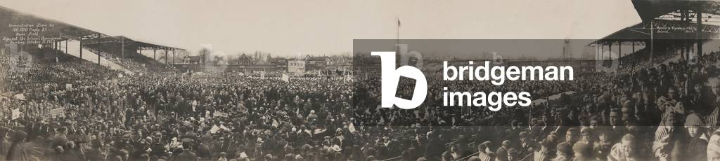Demonstration given by 100,000 people in Detroit against Michigan's anti-Catholic school amendment. Sunday, Oct, 31, 1920. The Amendment would mandate all children in grade one through eight attend public schools, in effect outlawing parochial school. The Catholic Church mobilized their voters and defeated the amendment in 1920 and again in 1924