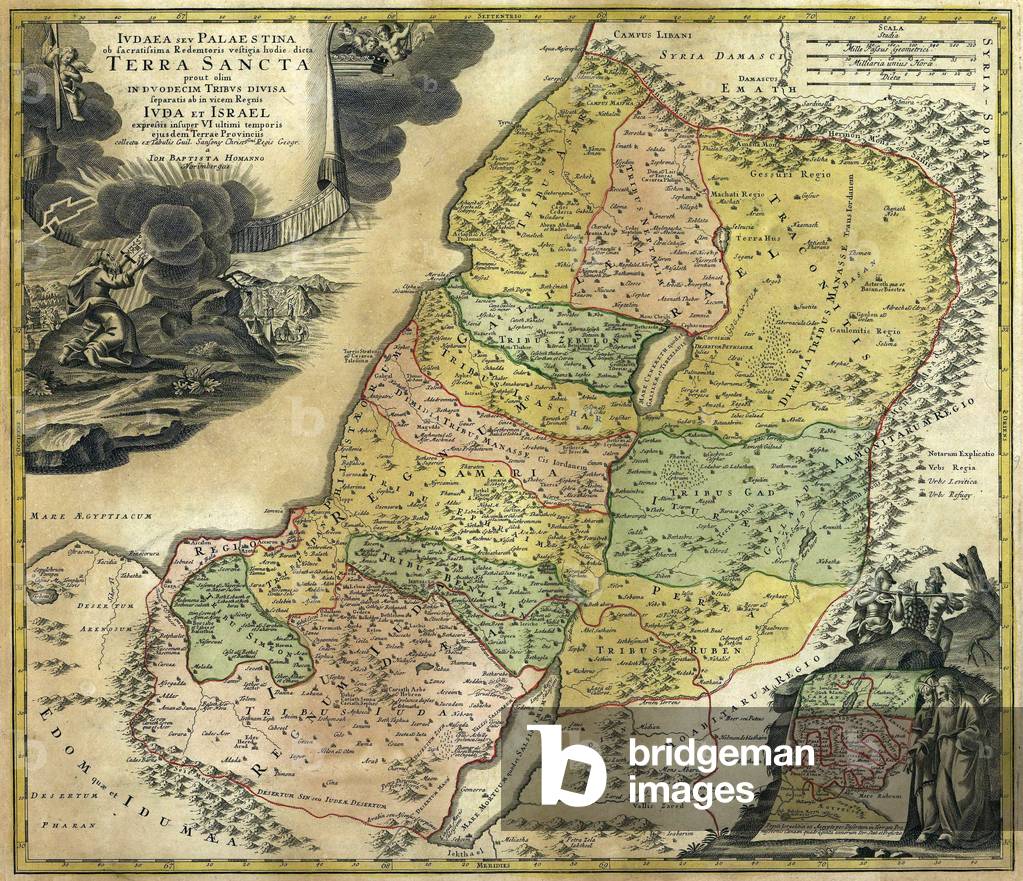 1748 map of Palestine showing land divisions based on the Twelve Tribes of Israel. Cartouche in upper right shows Moses receiving the Ten Commandments; on the lower right is a map of the Israelites 40 years in the desert following exodus from Egypt