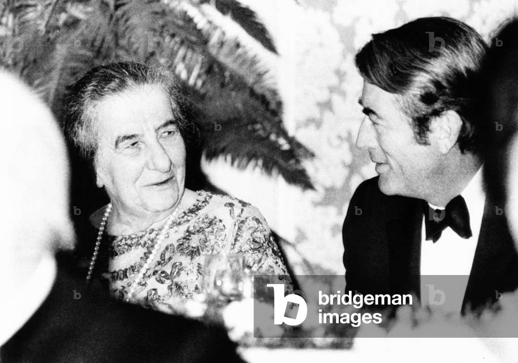 Golda Meir, Prime Minister of Israel dines with Actor Gregory Peck, Oct. 2, 1969. The motion picture and television industries sponsored the dinner in her honor