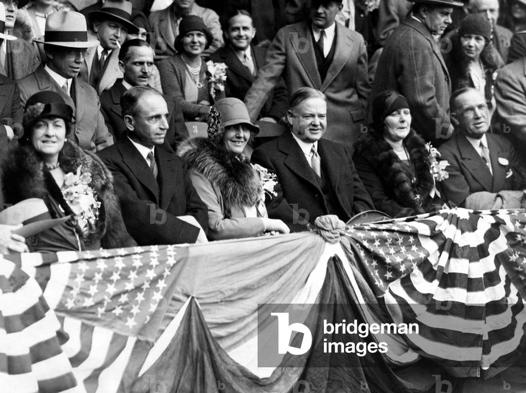 Mrs. William D. Mitchell, Attorney General William D. Mitchell, Lou Henry Hoover, President Herbert Hoover, Mrs. Harry Mackey, and Philadephia Mayor Harry Mackey at the 1929 World Series, Phildelphia, PA. October 1929.