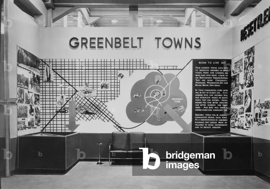 United States Resettlement Administration exhibit in Cleveland, Ohio, promoting construction of planned communities by relief labor during the early years of the New Deal. Federal Emergency Relief Act, signed on 5/12/1933, authorized large scale public works projects