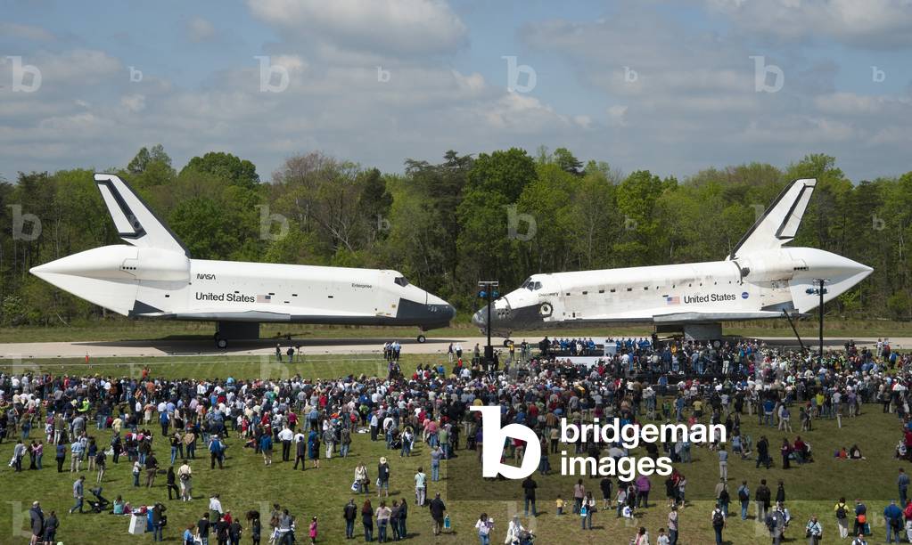 Space shuttles Enterprise(left) and Discovery nose-to-nose. Discovery will go to the National Air and Space Museum and Enterprise to the Intrepid Sea, Air & Space Museum in New York City. April 19, 2012