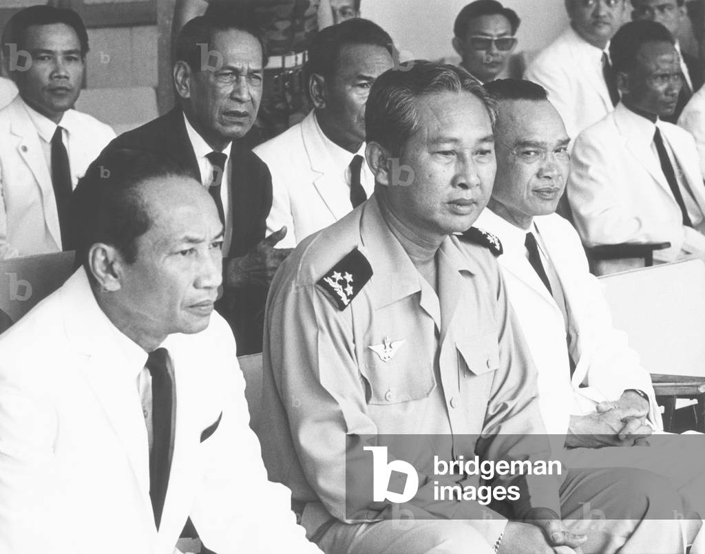 Guerre du Vietnam: New leaders of Cambodia after coup d'etat deposing Prince Norodom Sihanouk on March 18, 1970. L-R: Yem Sembaur, Foreign Minister, Gen. Lon Nol, Prime Minister; Deputy Premier Sirik Matek. Phnom Penh, Cambodia. (CSU_2015_9_763)