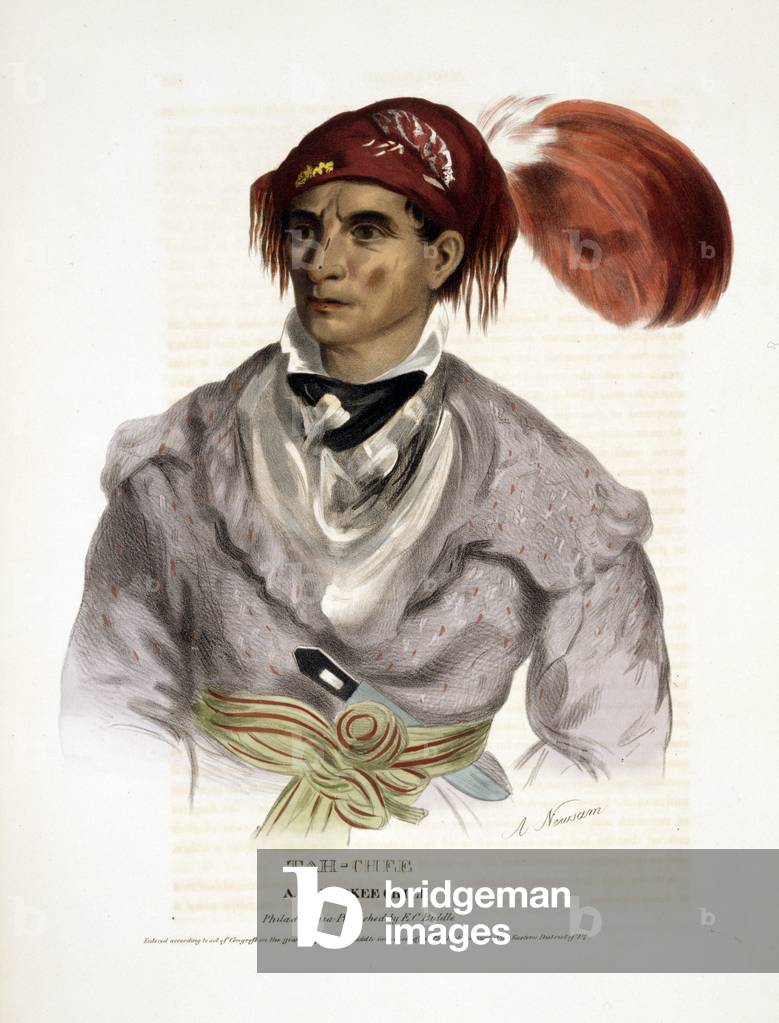 Cherokee Tribe. Tah-chee, a Cherokee chief. Hand-colored lithograph copy of a portrait painted by Albert Newsam. 1837