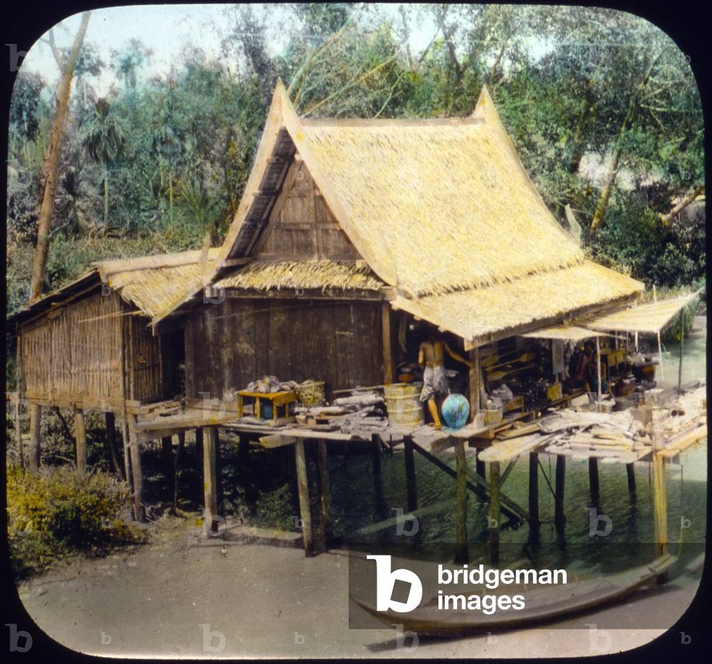 Thailand, home on canal, Bangkok, hand colored lantern slide, photograph by William Henry Jackson, 1895