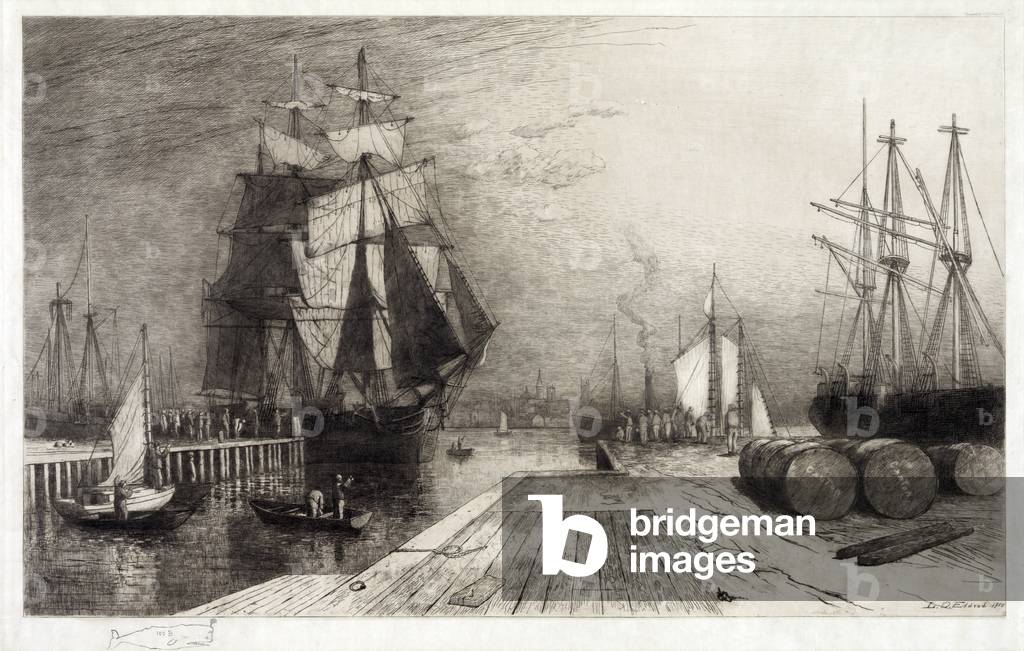 Return of the Whaler, etching with ships and dock, c.late 1800s