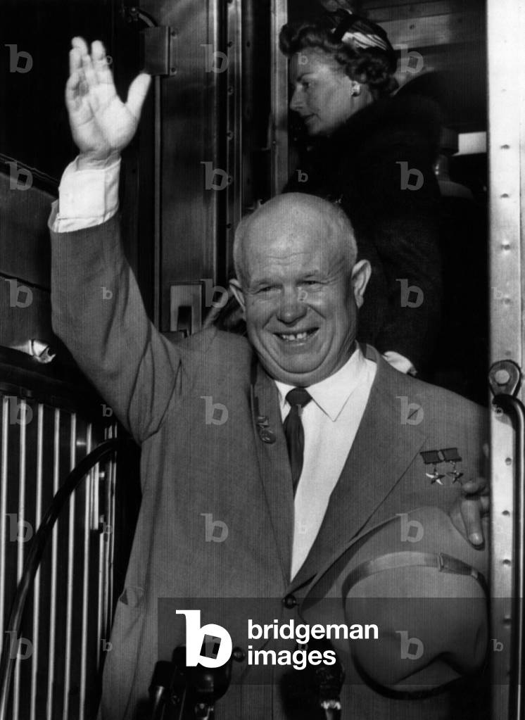 Nikita Khrushchev, (1894-1971), boarding a train to New York in Union Station, Washington D.C., September 17, 1959.