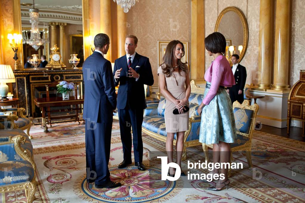 President Barack Obama and First Lady Michelle Obama with the Duke and Duchess of Cambridge. In the 1844 Room at Buckingham Palace in London, England, May 24, 2011
