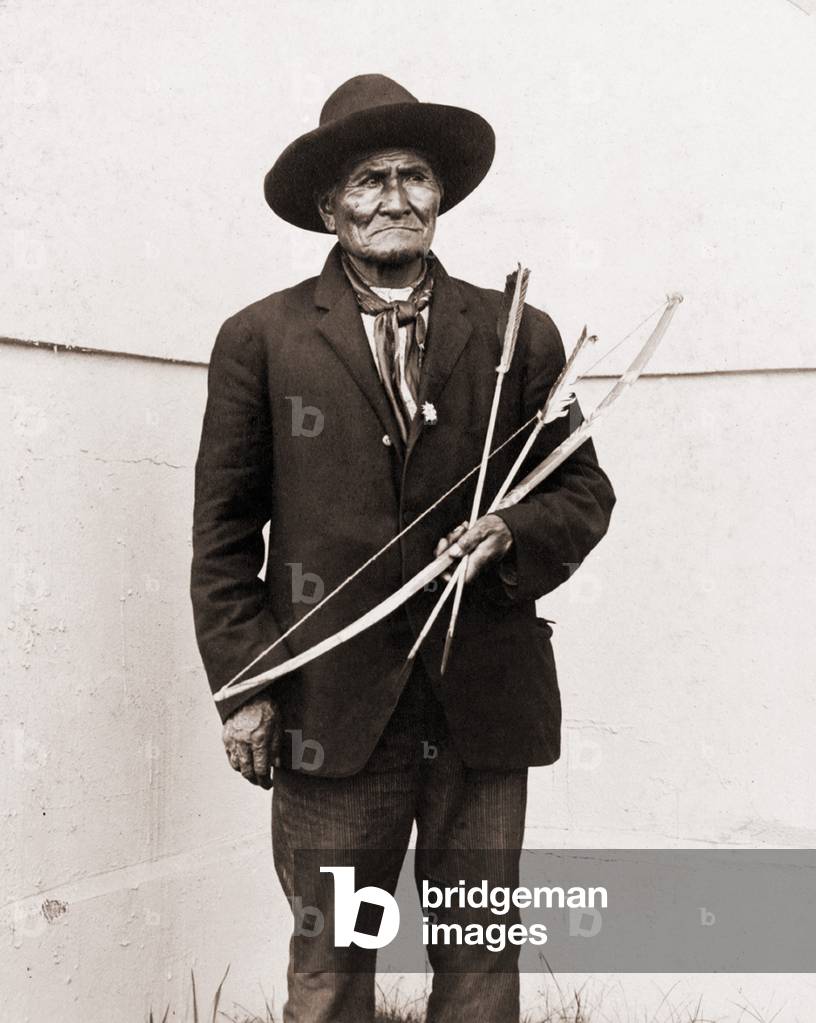 Geronimo (1829-1909), Chiricahua Apache warrior, at Louisiana Purchase Exposition St. Louis, 1904, where he sold souvenirs and photographs of himself
