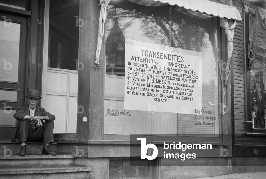 Townsend headquarters Hardwick Vermont in Sept. 1936. Francis Townsend advocated a revolving old-age pension proposal which influenced the design of Social Security during the Great Depression