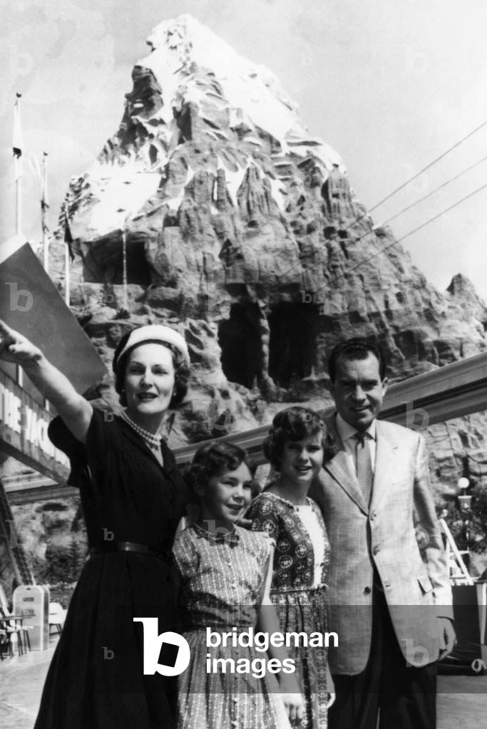 The Nixon family on vacation: Pat Nixon, Julie Nixon, Tricia Nixon, and Vice President Richard Nixon, Disneyland, California, June 14, 1959