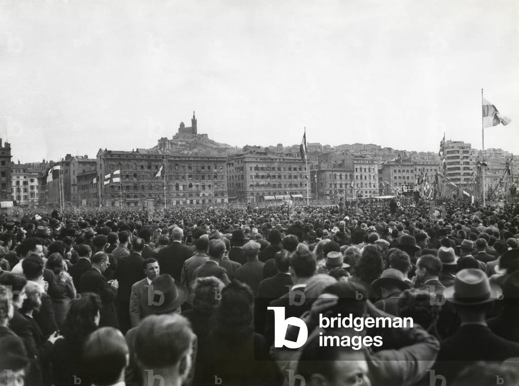 Charles de Gaulle speaking at Marseilles, April 18, 1948. He spoke at the close of the First Annual Convention of the 'Rally of the French People' (RPF), a political party he founded in 1947.