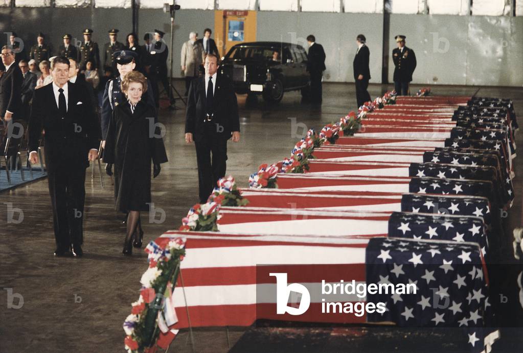 President Ronald Reagan and First Lady Nancy Reagan honoring the victims of the bombing of the U.S. Embassy in Beirut, Lebanon, April, 1983