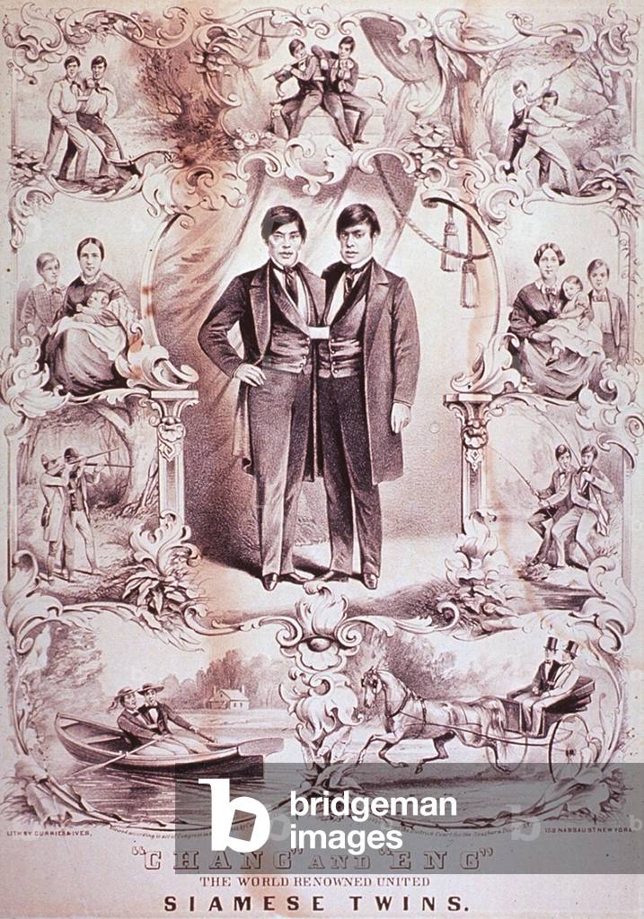 Chang and Eng, (1811-1874), World Renowned United Siamese Twins. Surrounding the twins portrait are scenes of their activities of hunting, boating, plowing, and with their respective families. 1860 Currier and Ives print