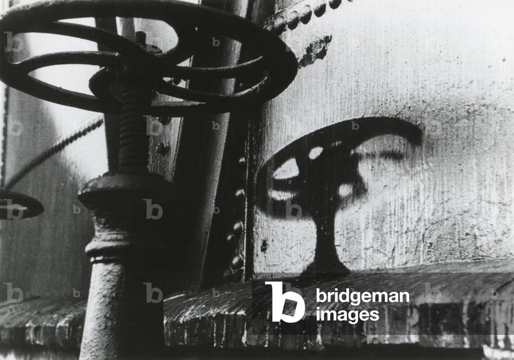 Thermic rays imprinted a permanent 'shadow' of a gasometer. The intensity of the blast bleached out the unshadowed surface, two kilometers from the hypocenter (ground zero) of the Hiroshima atomic bomb. Photo taken by Eiichi Matsumoto, October 15, 1945. World War 2