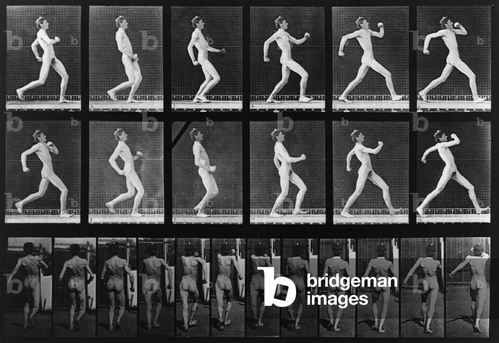 Consecutive images of a nude man running. From Eadweard Muybridge's, ANIMAL LOCOMOTION, 1887