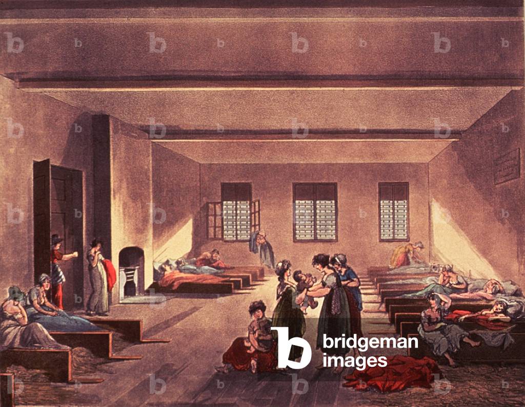 Detention room in London's Bridewell Hospital, for homeless, impoverished, and probably single or unwed mothers. British Poor Law required paupers be returned to their rural parishes, who were responsible for the local care of the poor. Before return, the women paupers and their children were detained in low stalls with hay for bedding. Drawing by Thomas Rowlandson and Augustus Pugin, c. 1808