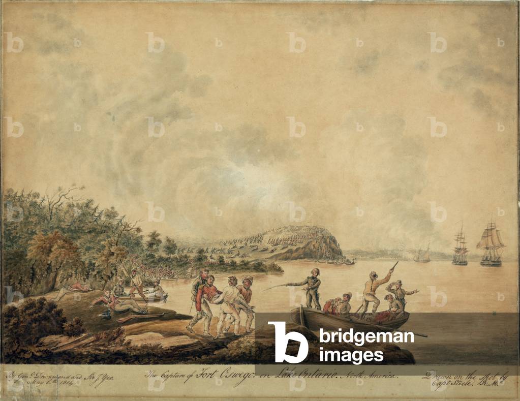 The capture of Fort Oswego on Lake Ontario. British soldiers carrying the injured to a rowboat. In the background British troops overwhelm the American Fort Oswego during the War of 1812. May 6 1814