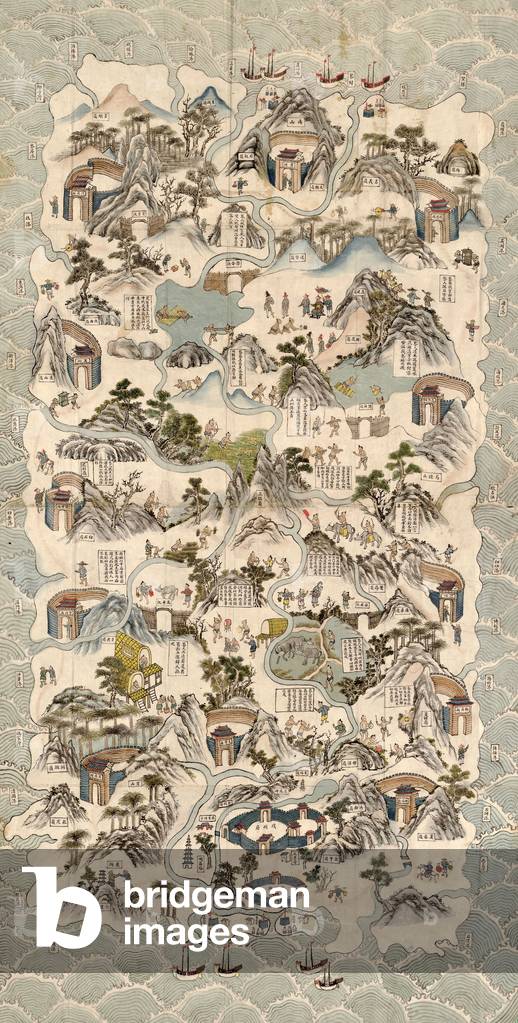 19th century Chinese pictorial map of the island of Hainan and shows the customs and habits of the Li tribes in the central part of the island