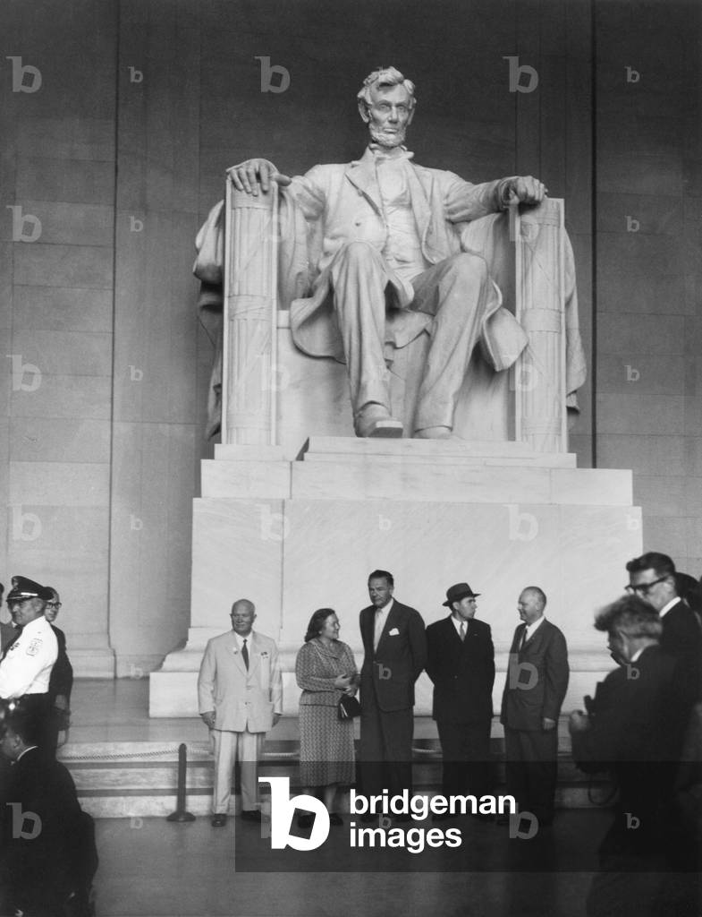 Premier Nikita Khrushchev and others beneath the Lincoln statue in the Lincoln Memorial, 1959