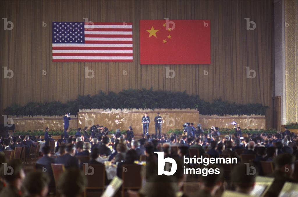 Nixon in China. Overview of the State Banquet during Nixon's trip to China. Richard Nixon and Chou En-Lai are speaking from the stage. Feb. 21 1972