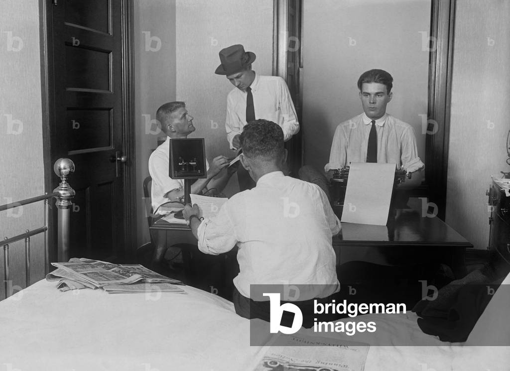 Newsmen in a 'Press Room' at the Willard Hotel after the death of President Warren Harding. The landmark Washington, D.C. hotel was near the White House and also the residence of now President Calvin Coolidge, August, 6, 1923