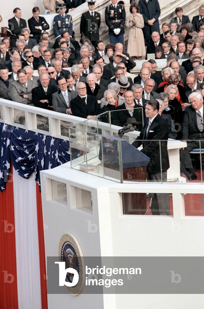 President Reagan delivers his inaugural address from the west front of the Capitol on his first Inauguration. Jan 20 1981