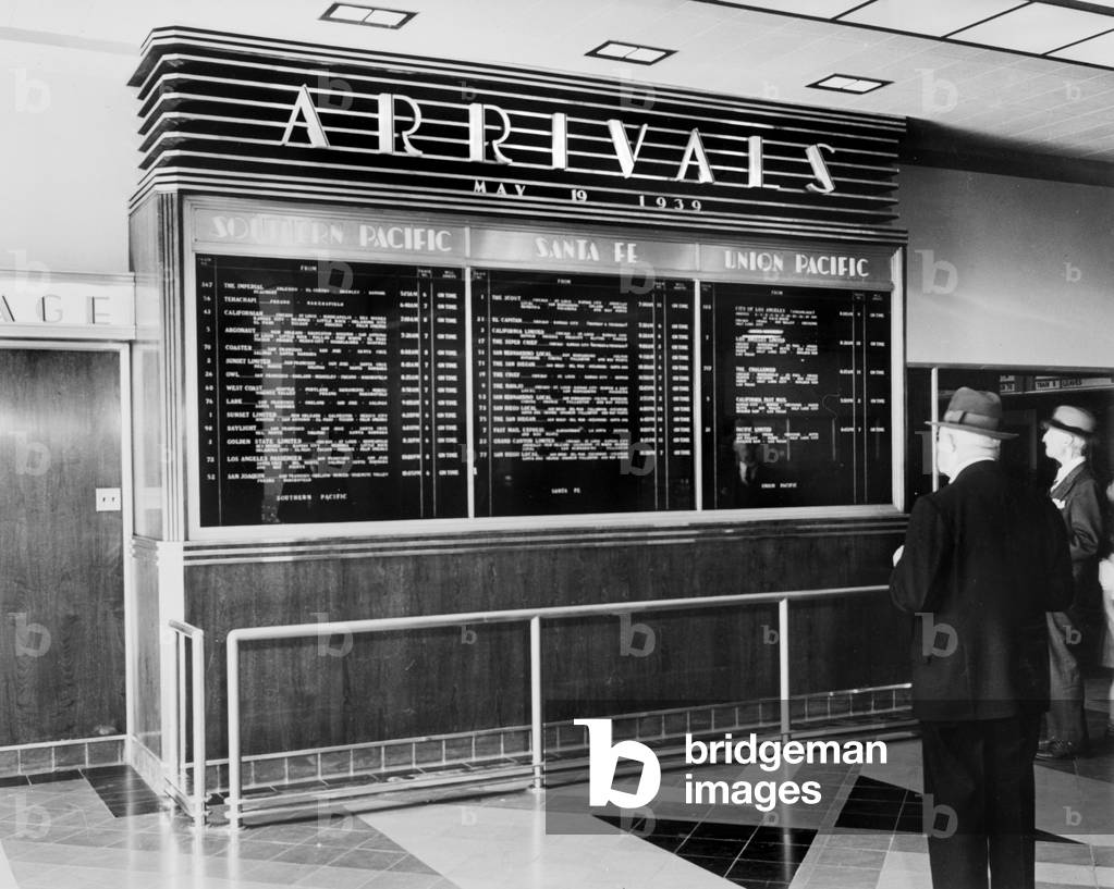 Los Angeles, arrival board at Union Station, photograph by Dick Whittington, Los Angeles, California, May 19, 1939