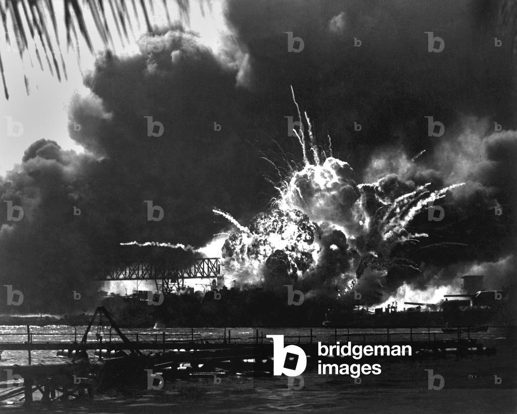 Explosion of the USS Shaw's forward magazine during the Japanese attack on Pearl Harbor, Dec. 7, 1941. The Shaw was repaired within a few months of the attack, and served in the Pacific through World War 2