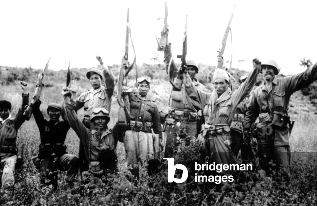 Korean War: 1st Cavalry Division with South Korean Guerillas on the 38th Parallel, Korea, 1950.