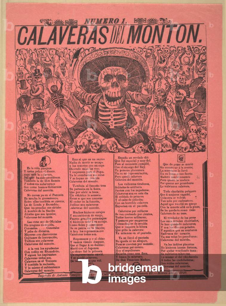 Calaveras del monton, numero 1, translation: Skulls from the heap, number 1, Broadside showing a male skeleton dressed in a charro outfit wielding a machete in a graveyard, by Jose Guadalupe Posada, Mexico City, Mexico, 1910