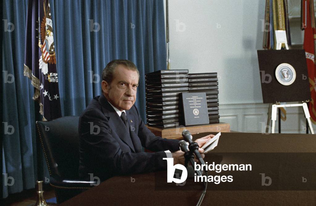 President Nixon before his televised address about releasing the transcripts of White House tapes. May 1, 1974.