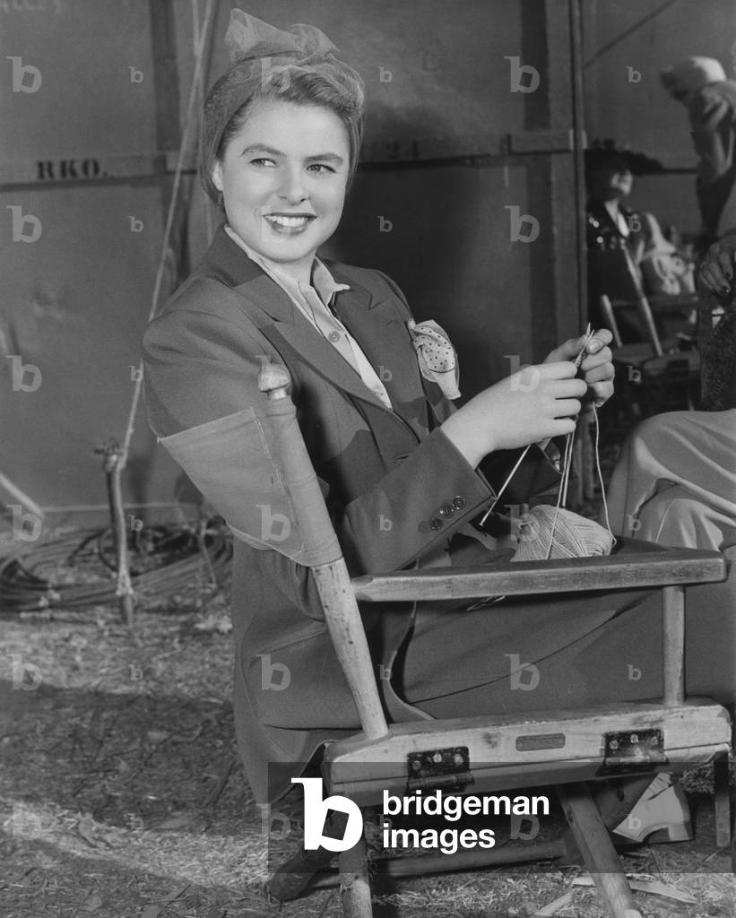 Swedish actress, Ingrid Bergman knitting on a RKO set c. 1947