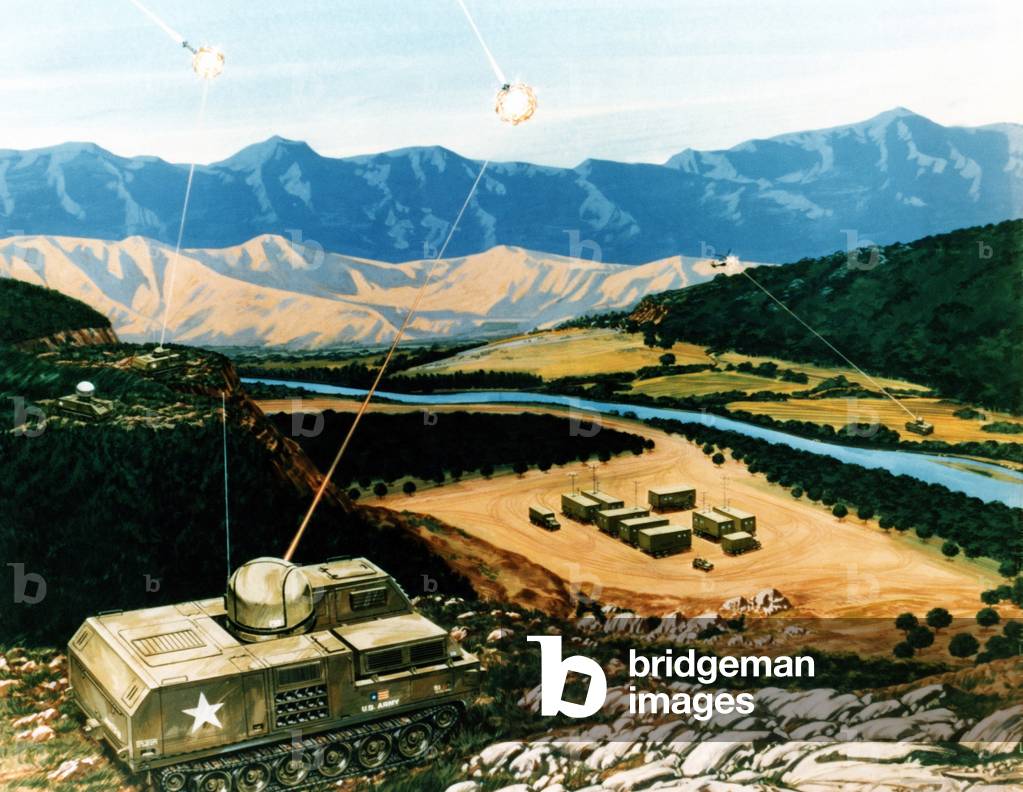 military artist's concept of a ground based Laser Air Defense Weapon, 1984 (illustration)